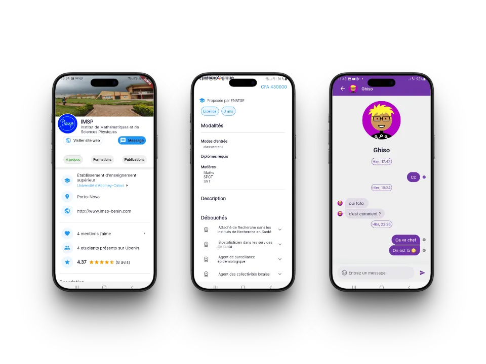 Trois capture d'écran de ubénin montrant l'aspect orientation 
