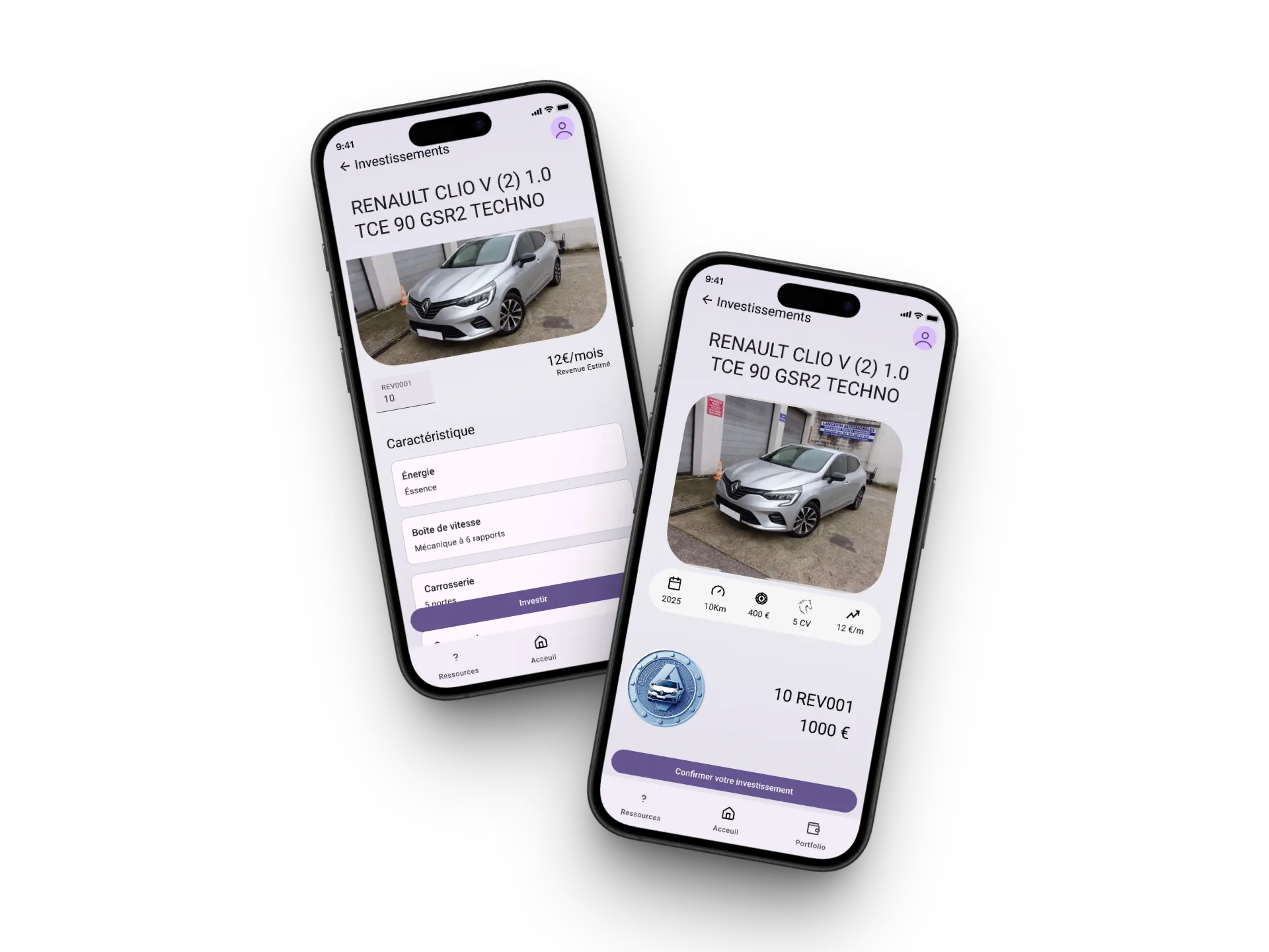 Deux écrans de l'application wheel token montrant comment investir dans une voiture