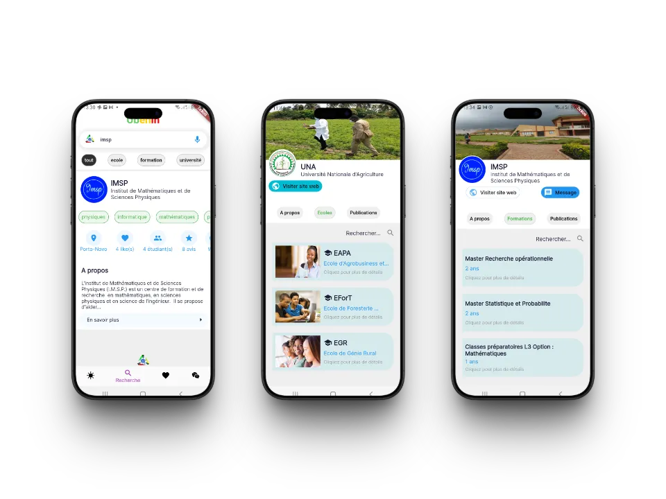 Trois capture d'écran de ubénin montrant l'aspect orientation et decouverte