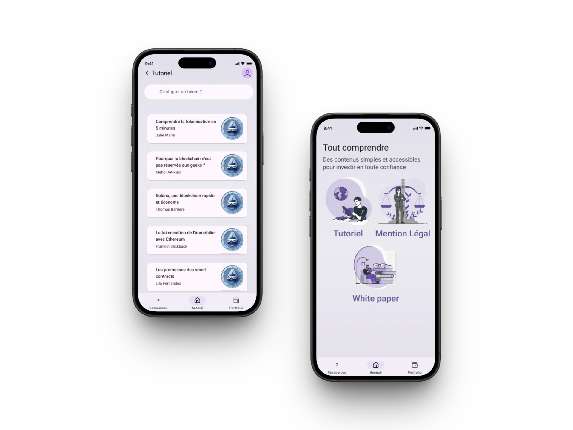 Deux écrans de l'application wheel token montrant les ressources et la liste des tutoriels